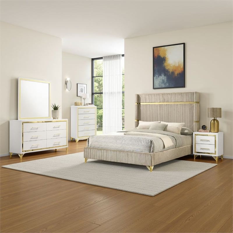 Jenny 5pc Queen Bedroom Set- Textured Beige Wood and Gold Metal Accent