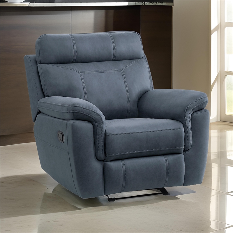 Clif 38 Inch Manual Glider Reclining Accent Chair- Blue Microfiber- Wood