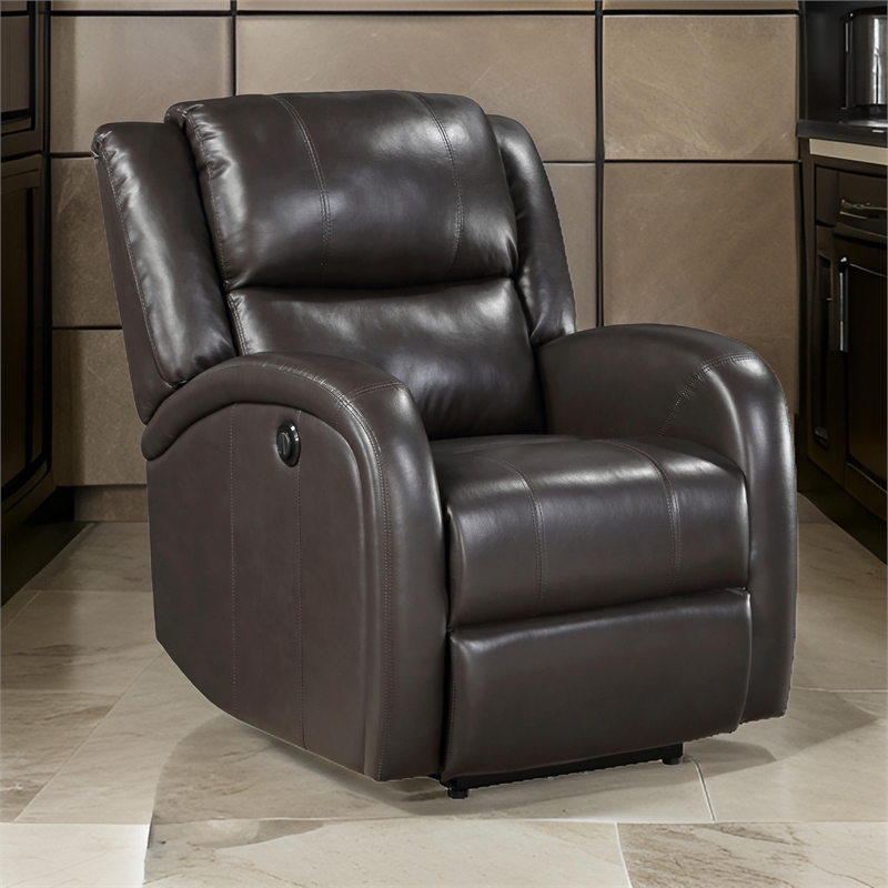 Karena 38 Inch Power Reclining Accent Chair- Brown Faux Leather- Solid Wood