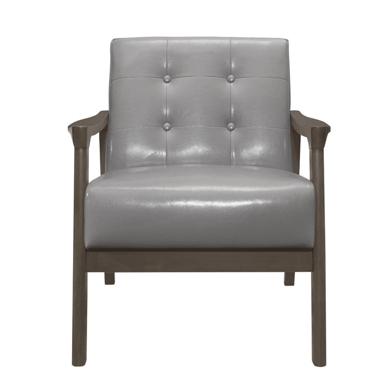 Aly 31 Inch Accent Chair Armchair- Gray Faux Leather- Brown Solid Wood