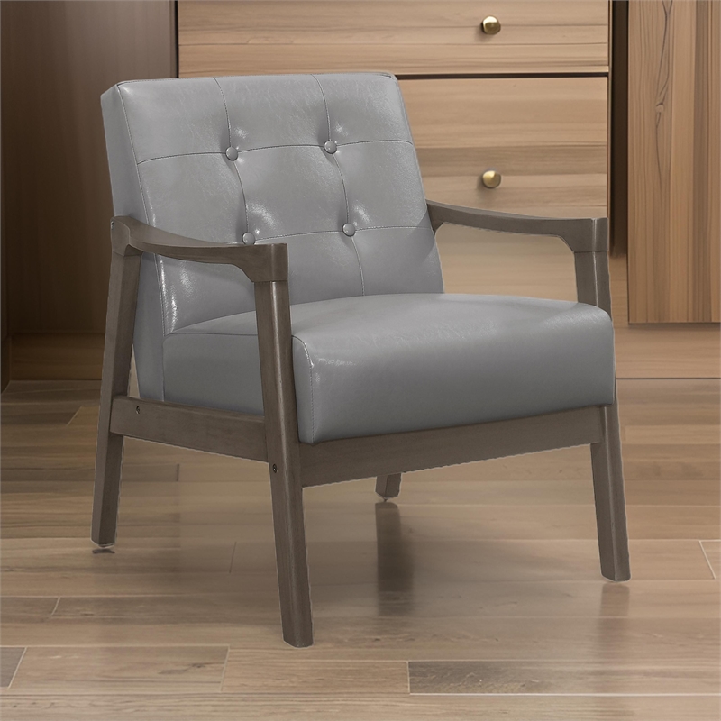 Aly 31 Inch Accent Chair Armchair- Gray Faux Leather- Brown Solid Wood
