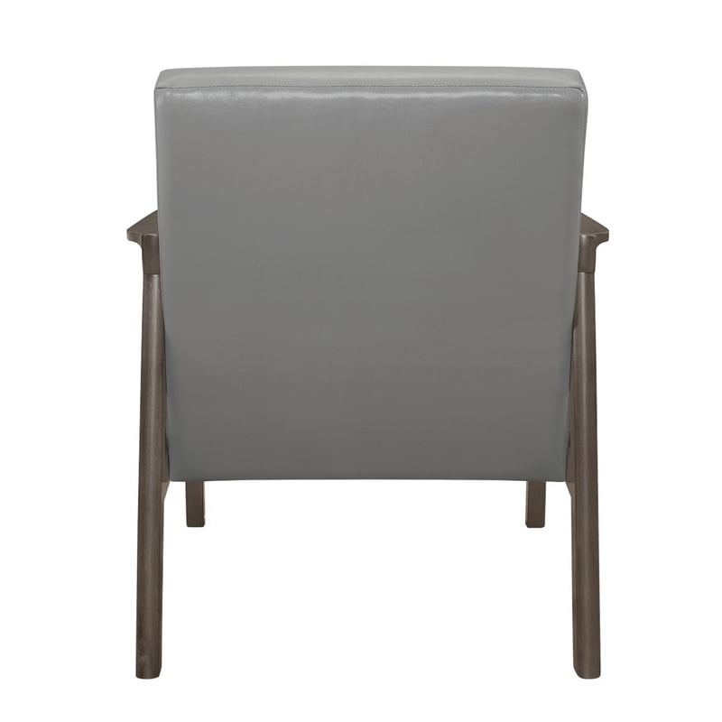 Aly 31 Inch Accent Chair Armchair- Gray Faux Leather- Brown Solid Wood
