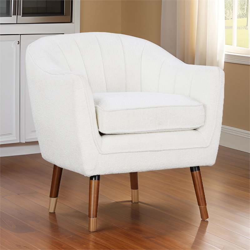 Tia 31 Inch Plush Accent Chair Armchair- White Polyester- Brown Solid Wood
