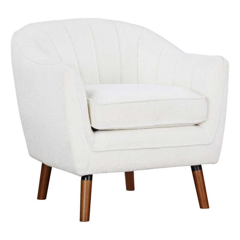 Tia 31 Inch Plush Accent Chair Armchair- White Polyester- Brown Solid Wood