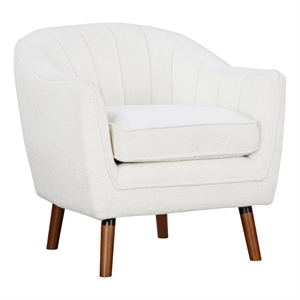 Tia 31 Inch Plush Accent Chair Armchair- White Polyester- Brown Solid Wood