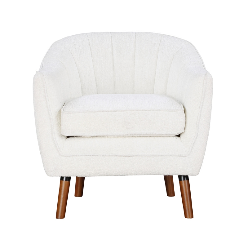 Tia 31 Inch Plush Accent Chair Armchair- White Polyester- Brown Solid Wood