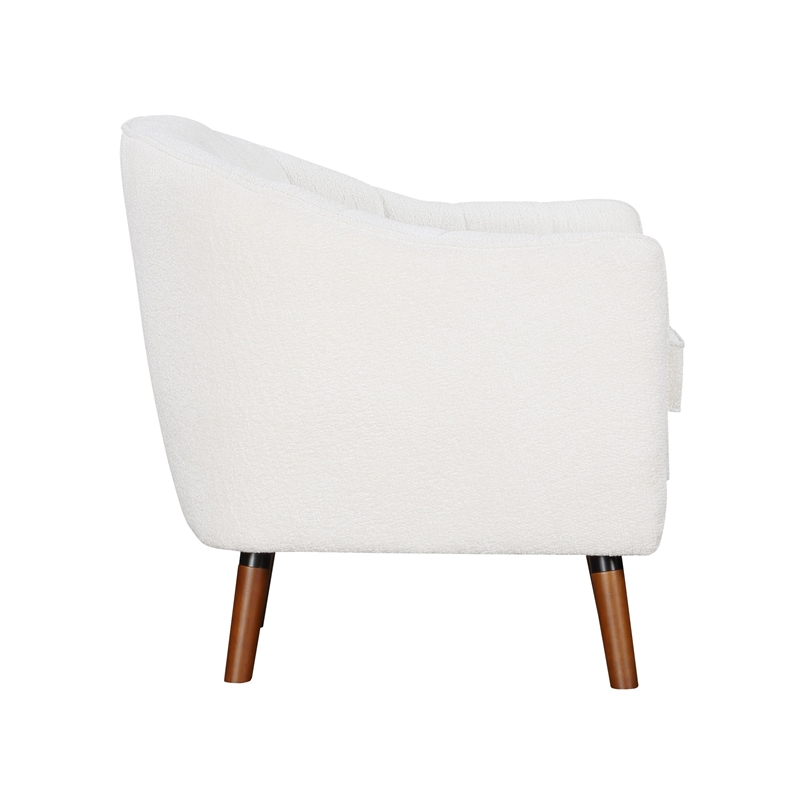 Tia 31 Inch Plush Accent Chair Armchair- White Polyester- Brown Solid Wood