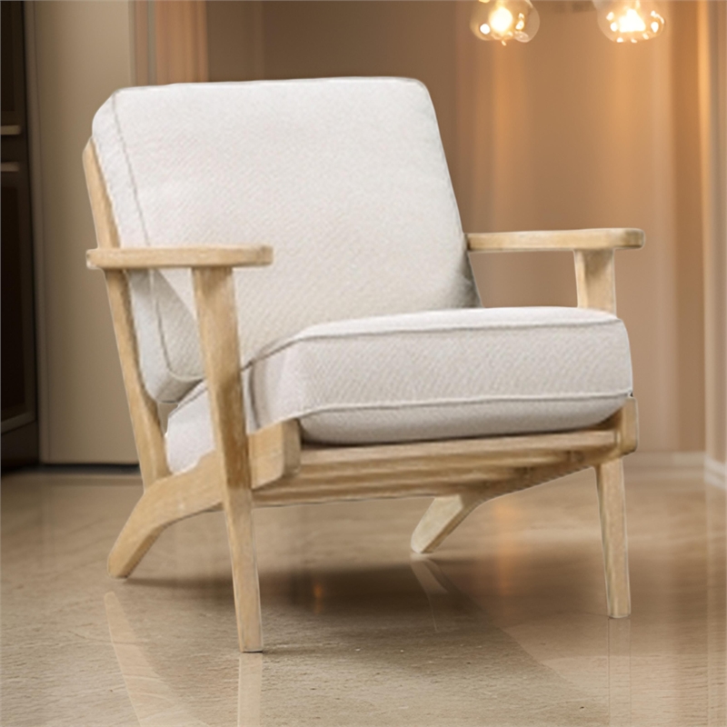 36 Inch Accent Chair Armchair- Beige Chenille- Weathered Solid Rubberwood