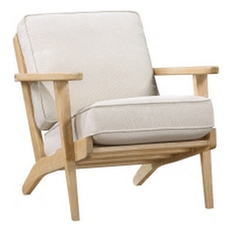 36 Inch Accent Chair Armchair- Beige Chenille- Weathered Solid Rubberwood