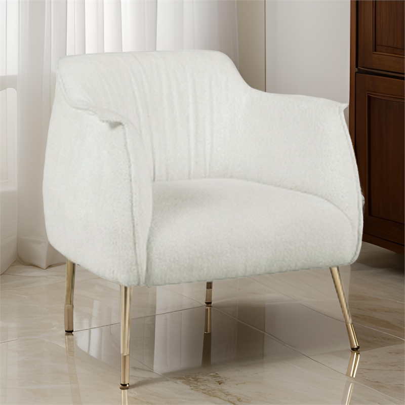 33 Inch Accent Chair Armchair- Soft White Boucle- Gold Metal- Solid Wood