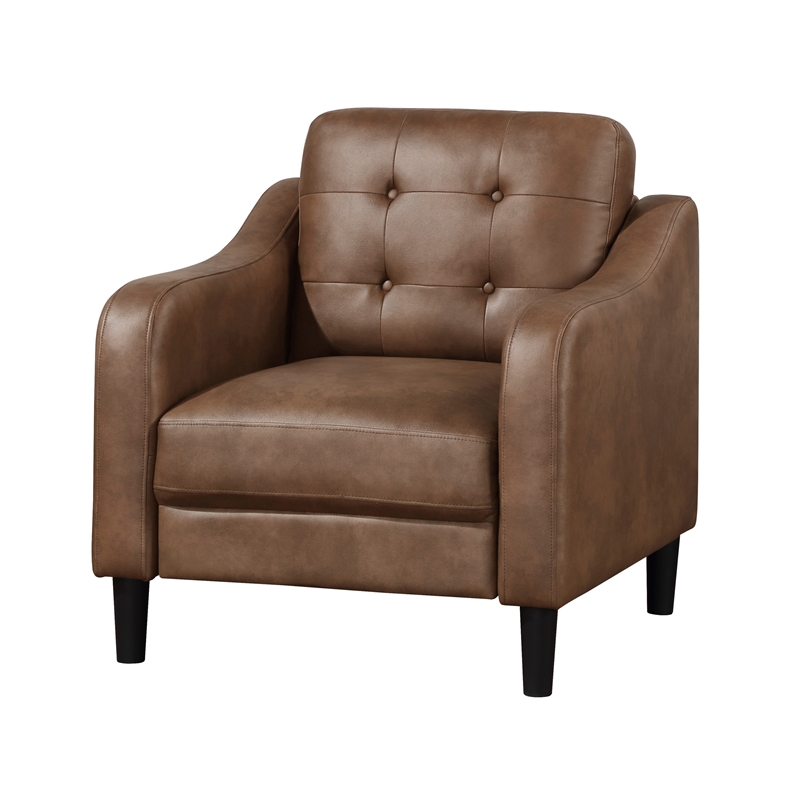 Orry 32 Inch Accent Chair- Tufted Back- Brown Microfiber- Black Solid Wood