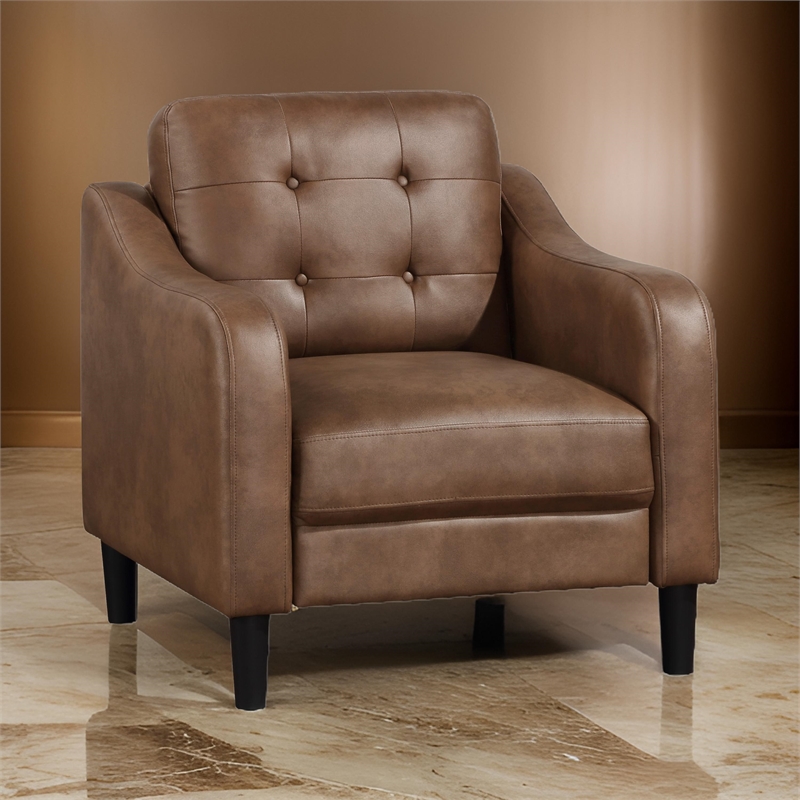 Orry 32 Inch Accent Chair- Tufted Back- Brown Microfiber- Black Solid Wood