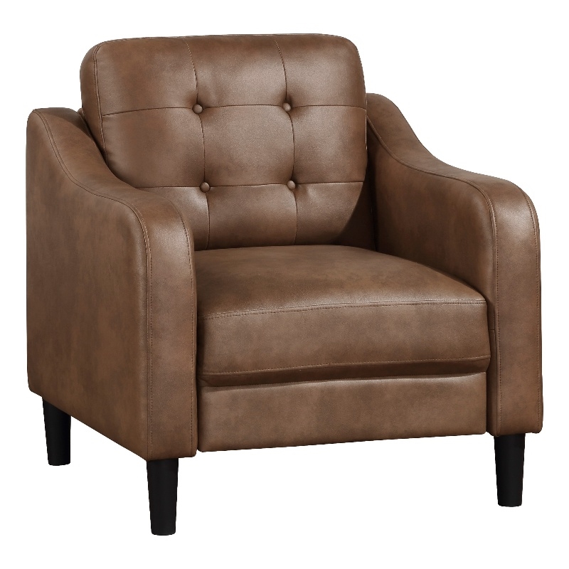 Orry 32 Inch Accent Chair- Tufted Back- Brown Microfiber- Black Solid Wood