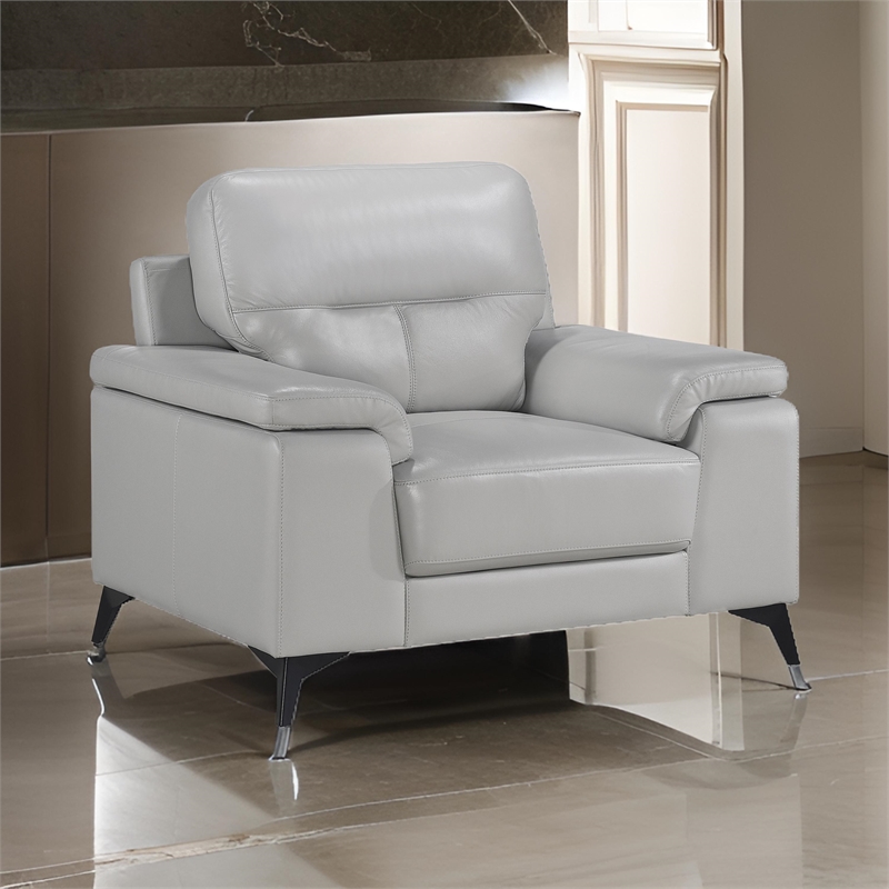Mica 36 Inch Accent Chair- Metal Legs Light Gray Top Grain and Faux Leather