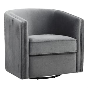 31 Inch Swivel Accent Chair- Soft Gray Velvet- Round Solid Wood Frame