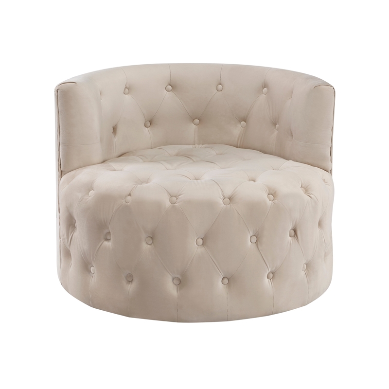 Alix 33 Inch Swivel Accent Chair- Round Design- Button Tufted Beige Velvet