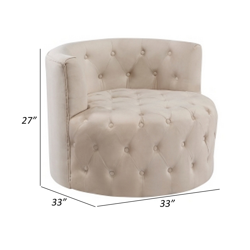 Alix 33 Inch Swivel Accent Chair- Round Design- Button Tufted Beige Velvet