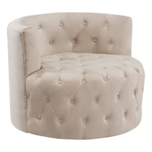 Alix 33 Inch Swivel Accent Chair- Round Design- Button Tufted Beige Velvet