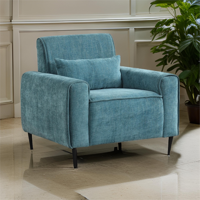 Tiu 39 Inch Accent Chair- Lumbar Pillow- Blue Chenille- Metal- Solid Wood