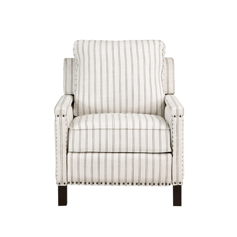 Claire 34 Inch Accent Chair- Push Recliner- Beige Gray Polyester Pinstripes