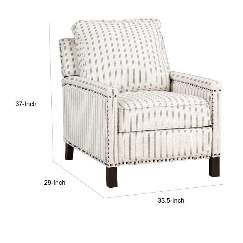 Claire 34 Inch Accent Chair- Push Recliner- Beige Gray Polyester Pinstripes