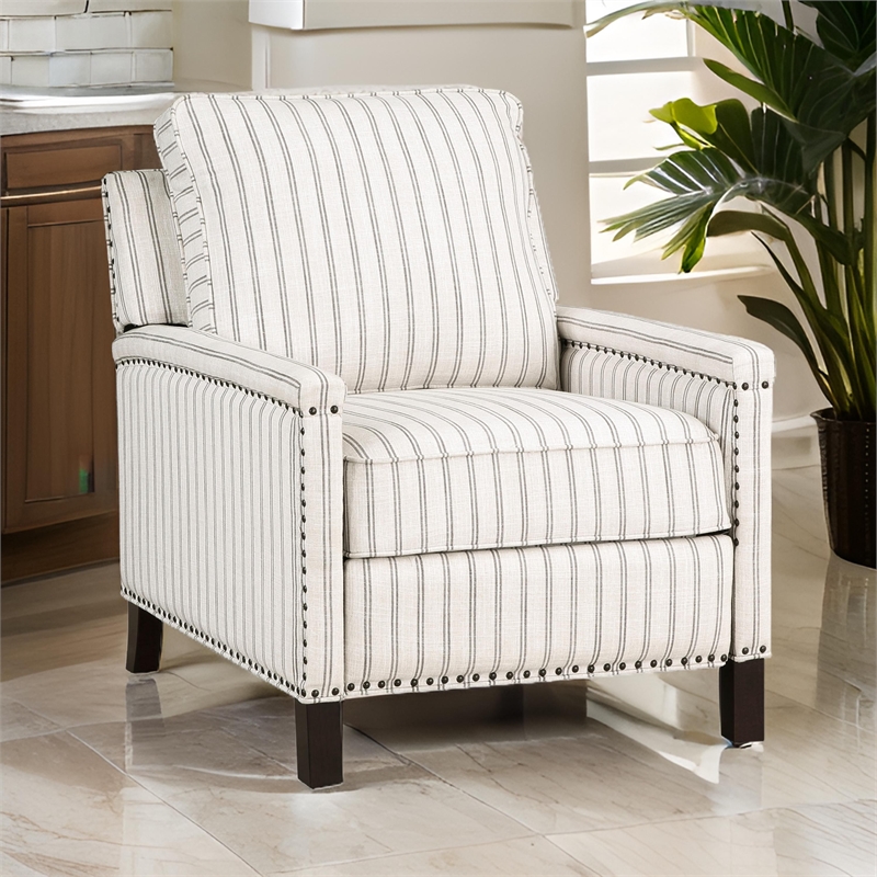 Claire 34 Inch Accent Chair- Push Recliner- Beige Gray Polyester Pinstripes
