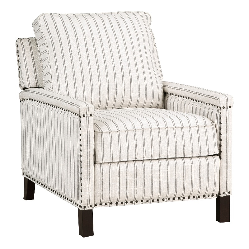 Claire 34 Inch Accent Chair- Push Recliner- Beige Gray Polyester Pinstripes