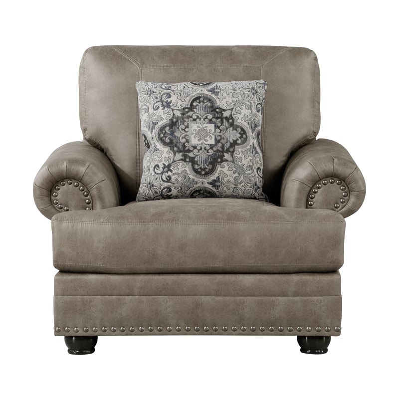 Jade 41 Inch Accent Chair- Taupe Brown Microfiber- 1 Decor Pillow- Wood