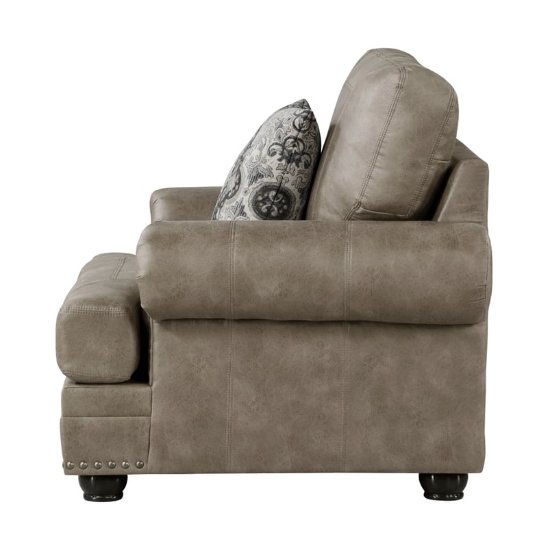 Jade 41 Inch Accent Chair- Taupe Brown Microfiber- 1 Decor Pillow- Wood