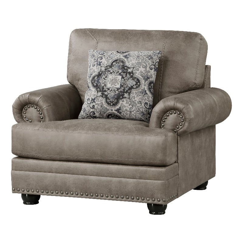Jade 41 Inch Accent Chair- Taupe Brown Microfiber- 1 Decor Pillow- Wood