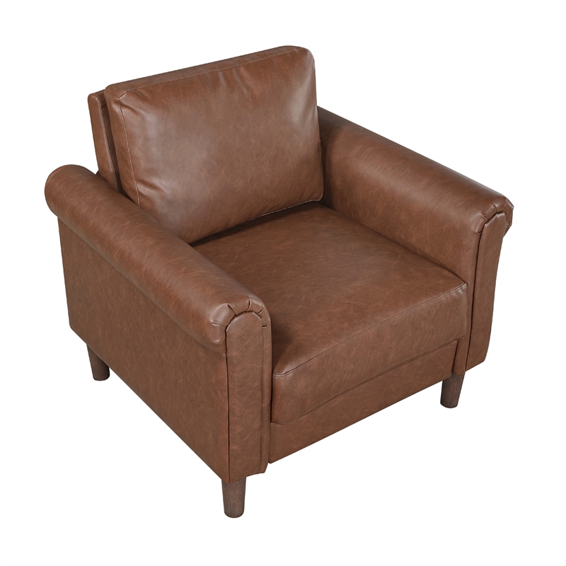 Lo Accent Chair w Rolled Arms- Mid Century Dark Brown Faux Leather