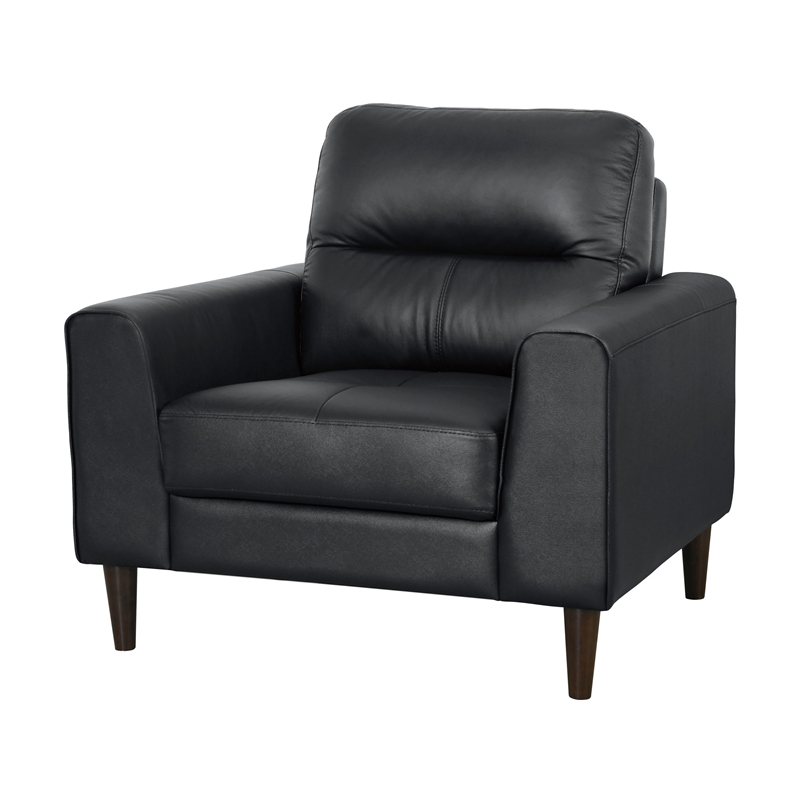 Willow 37 Inch Accent Chair- Black Top Grain and Faux Leather- Solid Wood