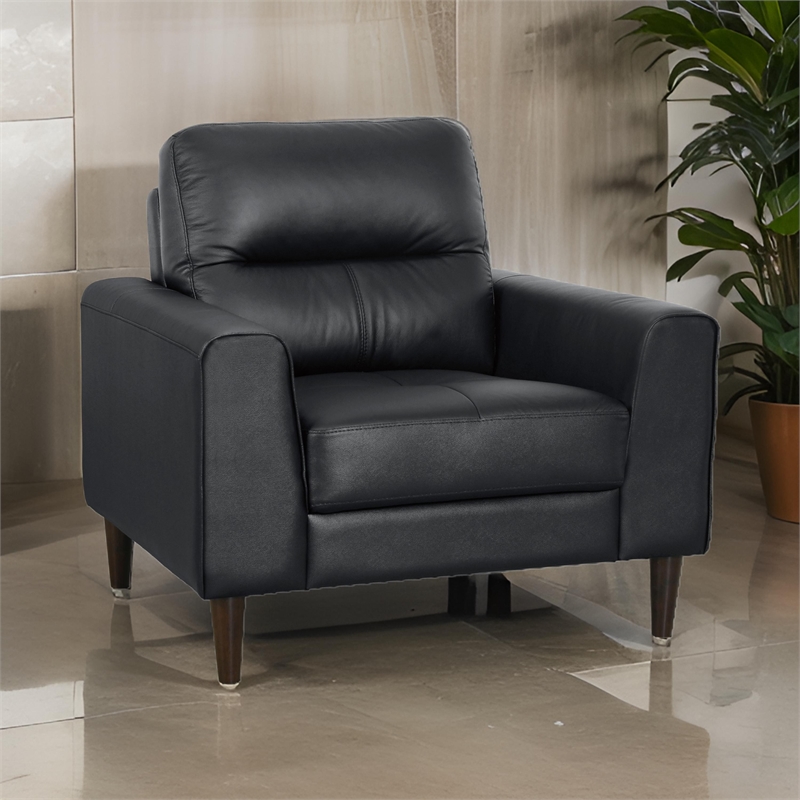 Willow 37 Inch Accent Chair- Black Top Grain and Faux Leather- Solid Wood