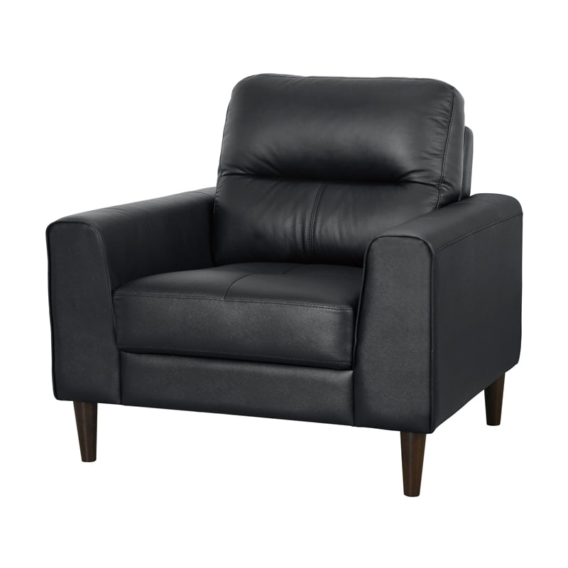 Willow 37 Inch Accent Chair- Black Top Grain and Faux Leather- Solid Wood
