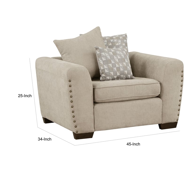 Gini 45 Inch Accent Chair- 3 Pillows- Nailhead Trim- Brown Chenille- Wood
