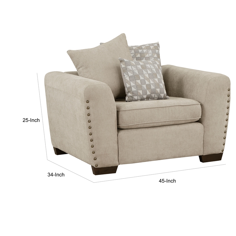Gini 45 Inch Accent Chair- 3 Pillows- Nailhead Trim- Brown Chenille- Wood