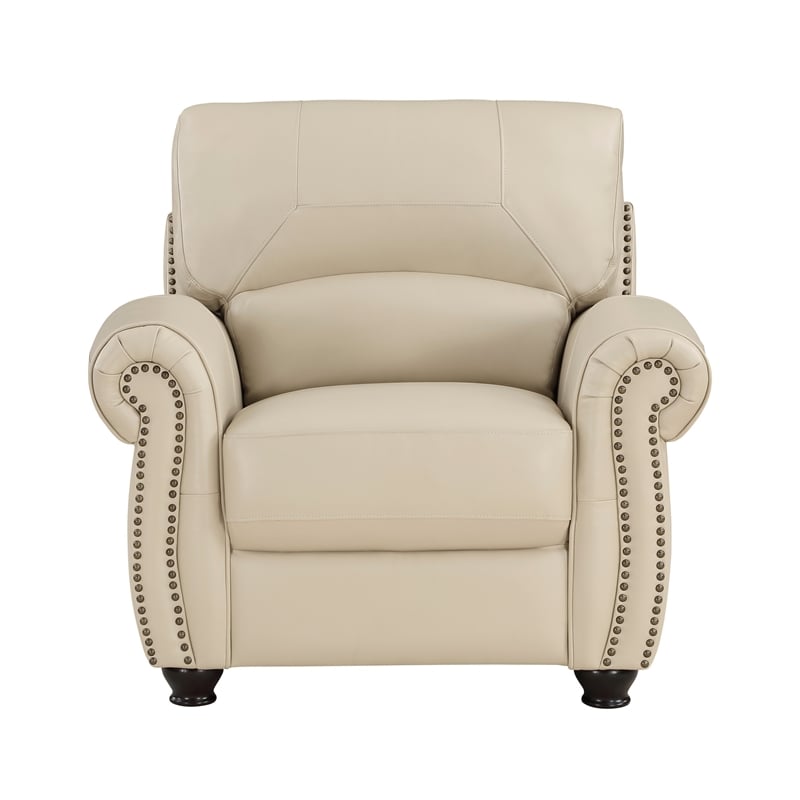 Kia 37 Inch Accent Chair- Cream Top Grain and Faux Leather- Brown Wood