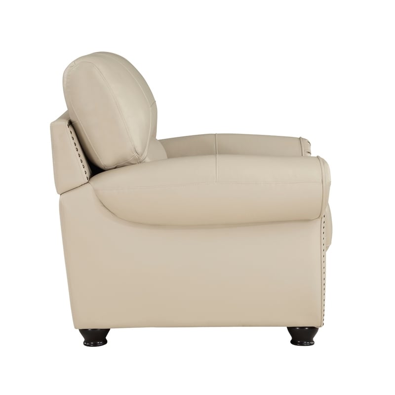 Kia 37 Inch Accent Chair- Cream Top Grain and Faux Leather- Brown Wood