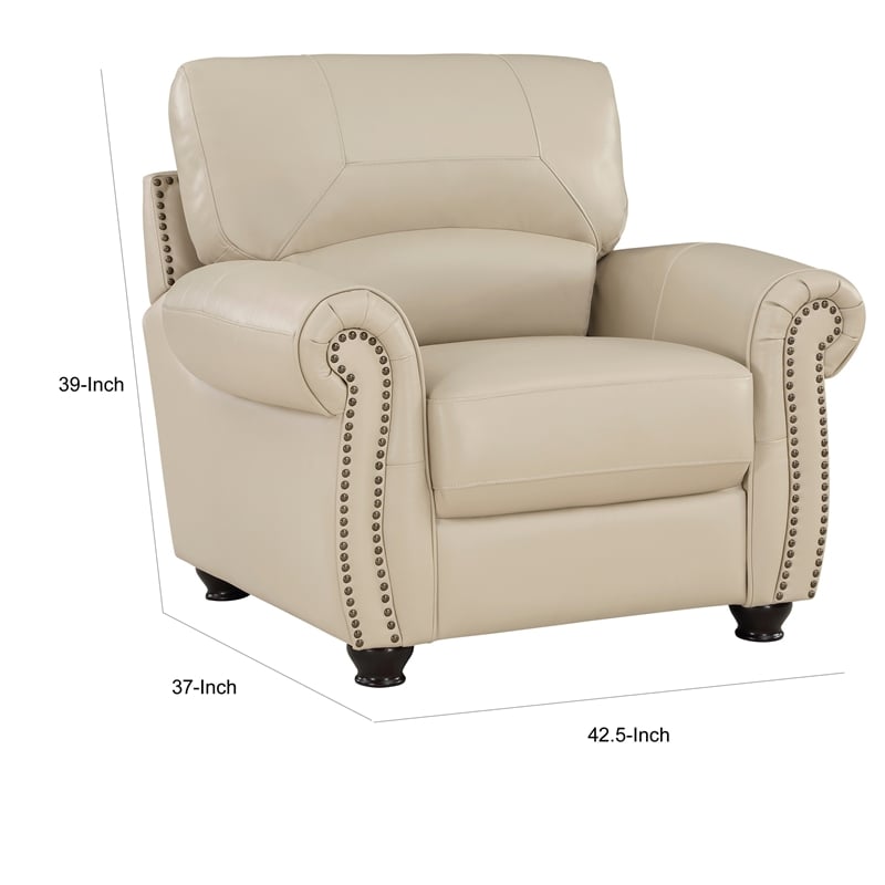 Kia 37 Inch Accent Chair- Cream Top Grain and Faux Leather- Brown Wood