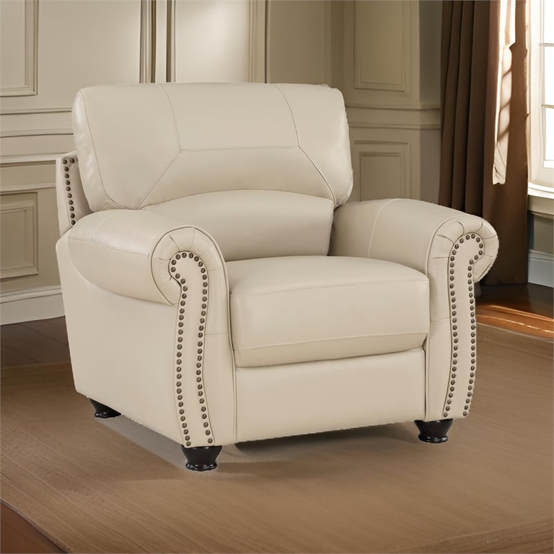 Kia 37 Inch Accent Chair- Cream Top Grain and Faux Leather- Brown Wood