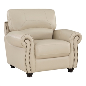 Kia 37 Inch Accent Chair- Cream Top Grain and Faux Leather- Brown Wood