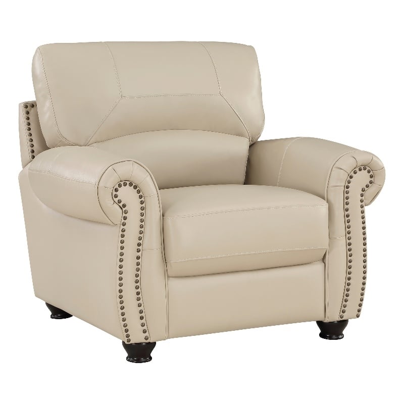 Kia 37 Inch Accent Chair- Cream Top Grain and Faux Leather- Brown Wood