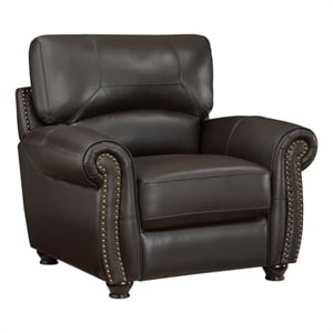 Kia 37 Inch Accent Chair- Dark Brown Top Grain and Faux Leather- Solid Wood