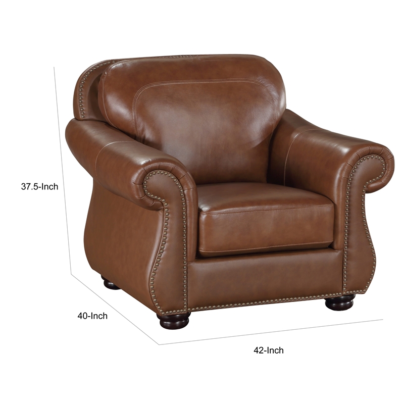 Boro 40 Inch Accent Chair- Brown Top Grain and Faux Leather- Solid Wood