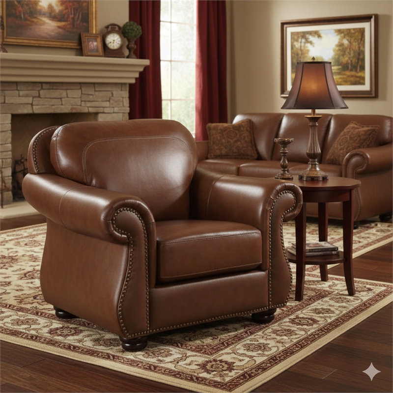 Boro 40 Inch Accent Chair- Brown Top Grain and Faux Leather- Solid Wood