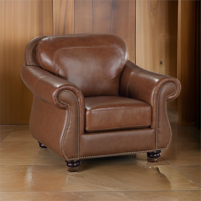 Boro 40 Inch Accent Chair- Brown Top Grain and Faux Leather- Solid Wood
