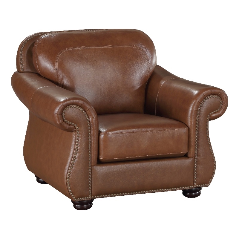 Boro 40 Inch Accent Chair- Brown Top Grain and Faux Leather- Solid Wood