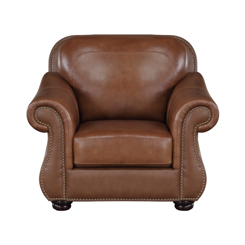 Boro 40 Inch Accent Chair- Brown Top Grain and Faux Leather- Solid Wood