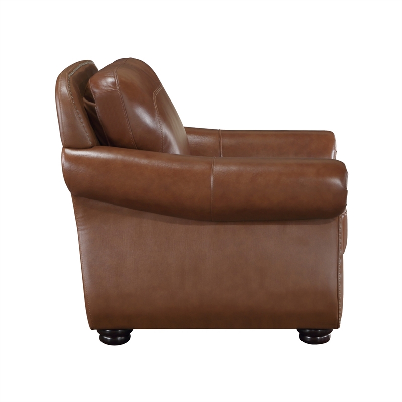 Boro 40 Inch Accent Chair- Brown Top Grain and Faux Leather- Solid Wood