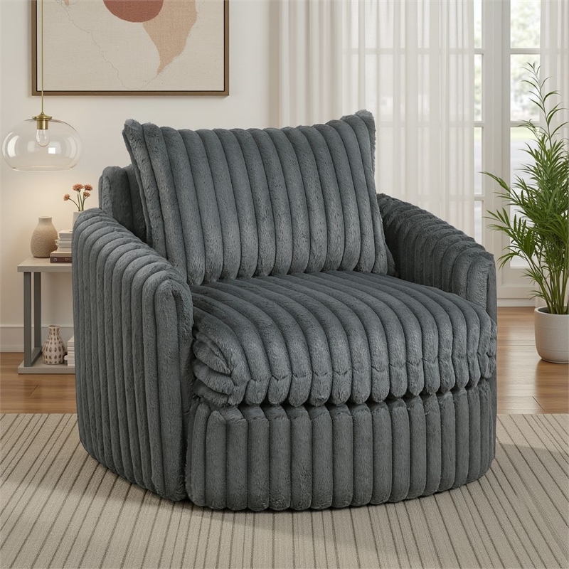 Goro Round Swivel Accent Chair- 39 Inch- Gray Corduroy- Solid Wood